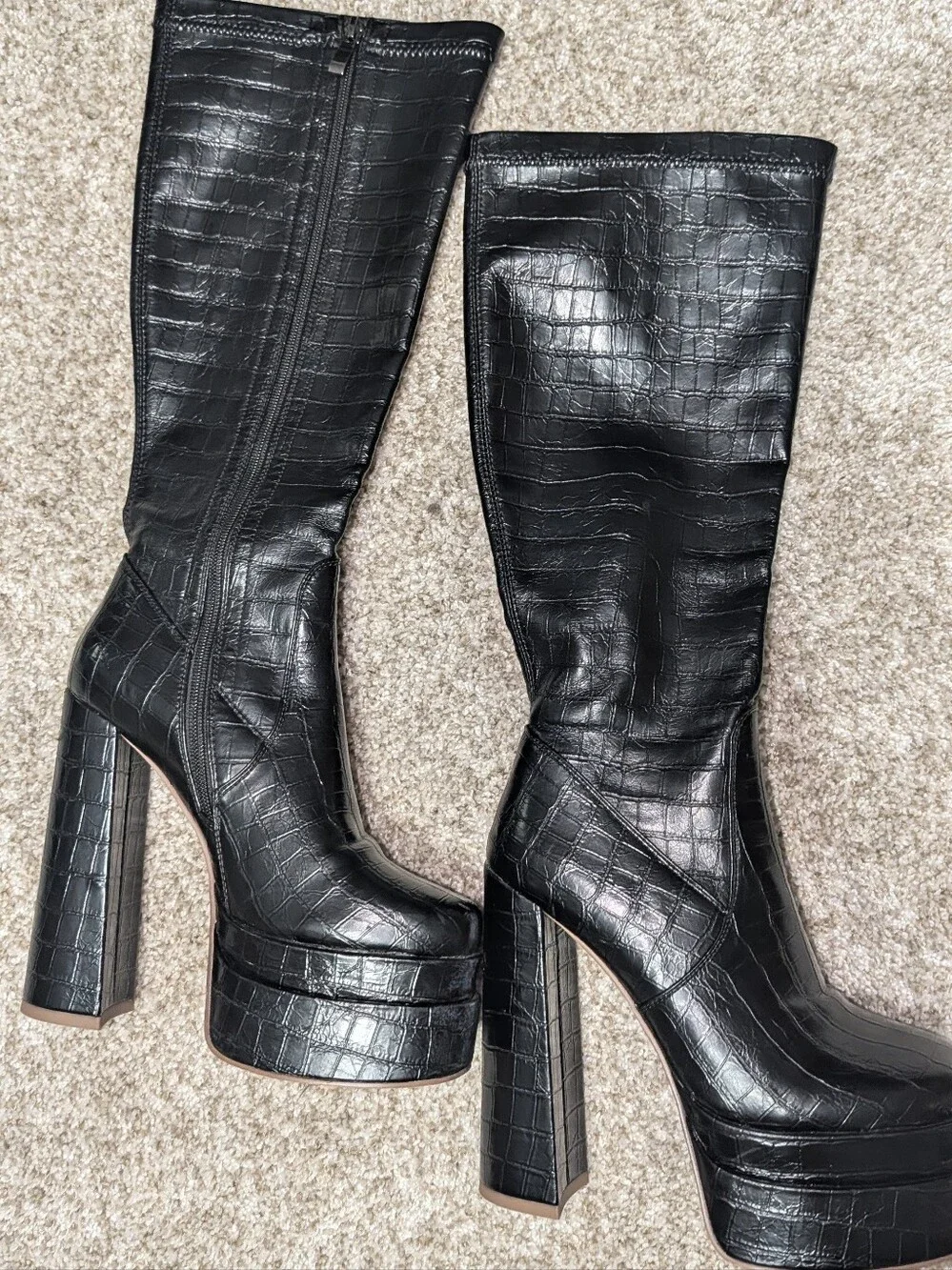Black Croc-Embossed Platform Block Heel Boots - Women Size 6